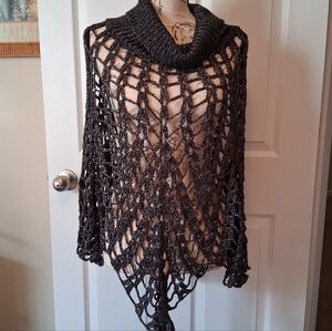 Crochet Knit Gray And Black Poncho. One Size